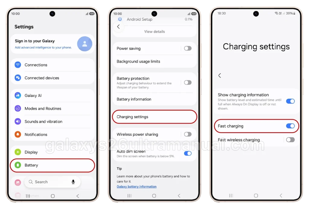 samsung galaxy s26 ultra fast charging settings
